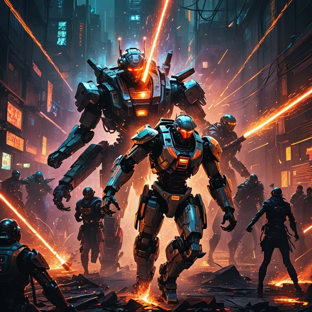 Cyberpunk Robot Rampage with Laser Saber Battle