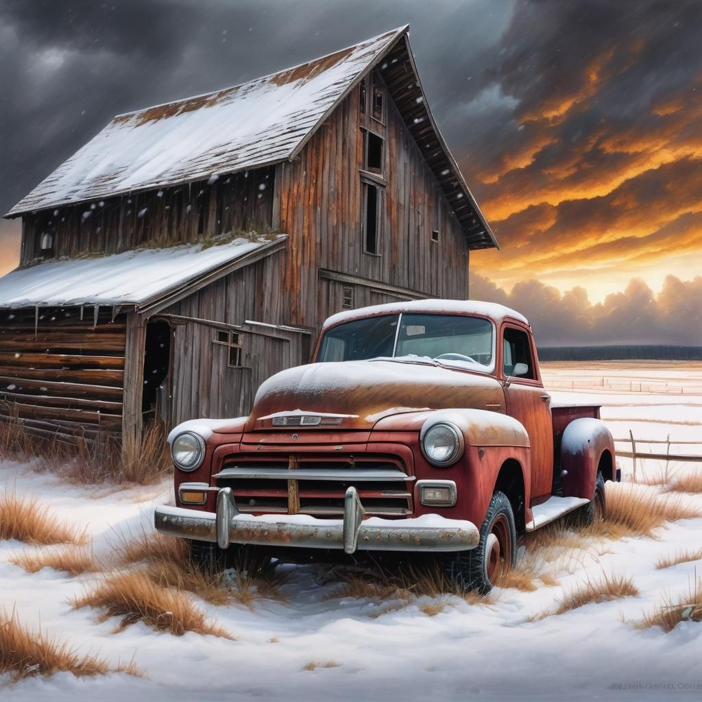 Old Abandoned Truck in Winter: Colored Pencil Sketch