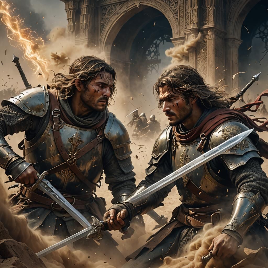 Medieval Soldiers Duel in Dark Fantasy Style