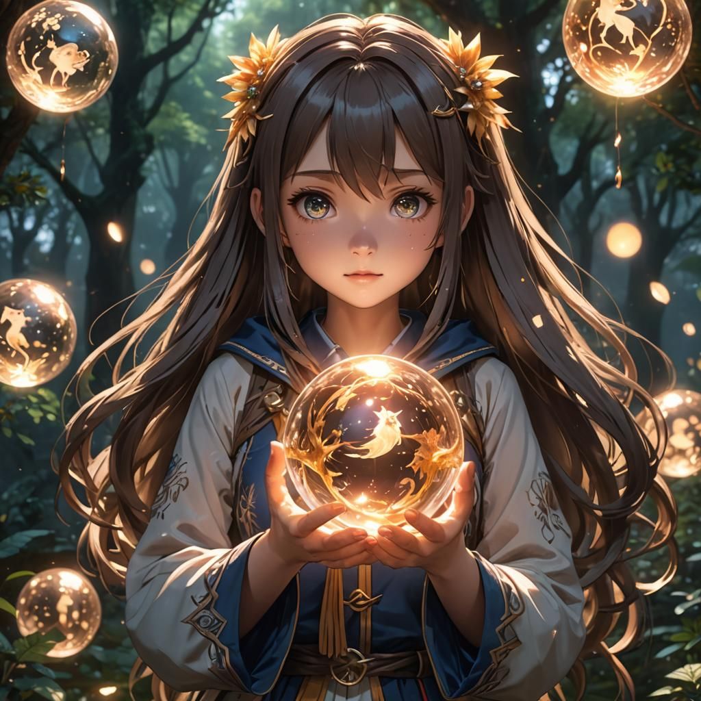 Anime Girl Holding Glowing Orb in Kawaiipunk Style