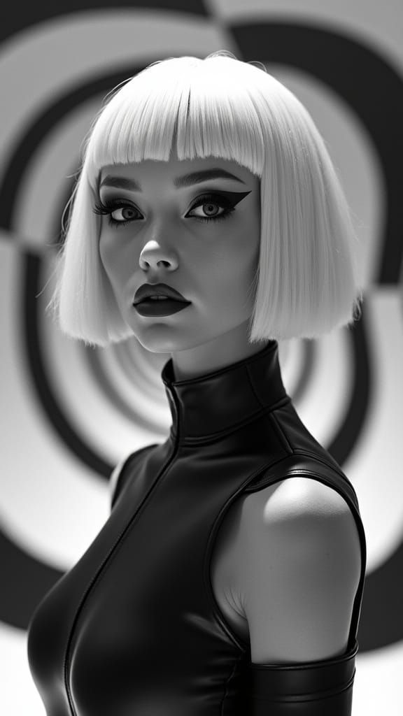 Monochrome Noir Portrait: Woman with Platinum Waves & Geomet...