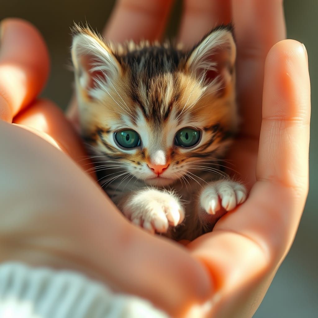 Whimsical Miniature Kitten in a Tender Embrace