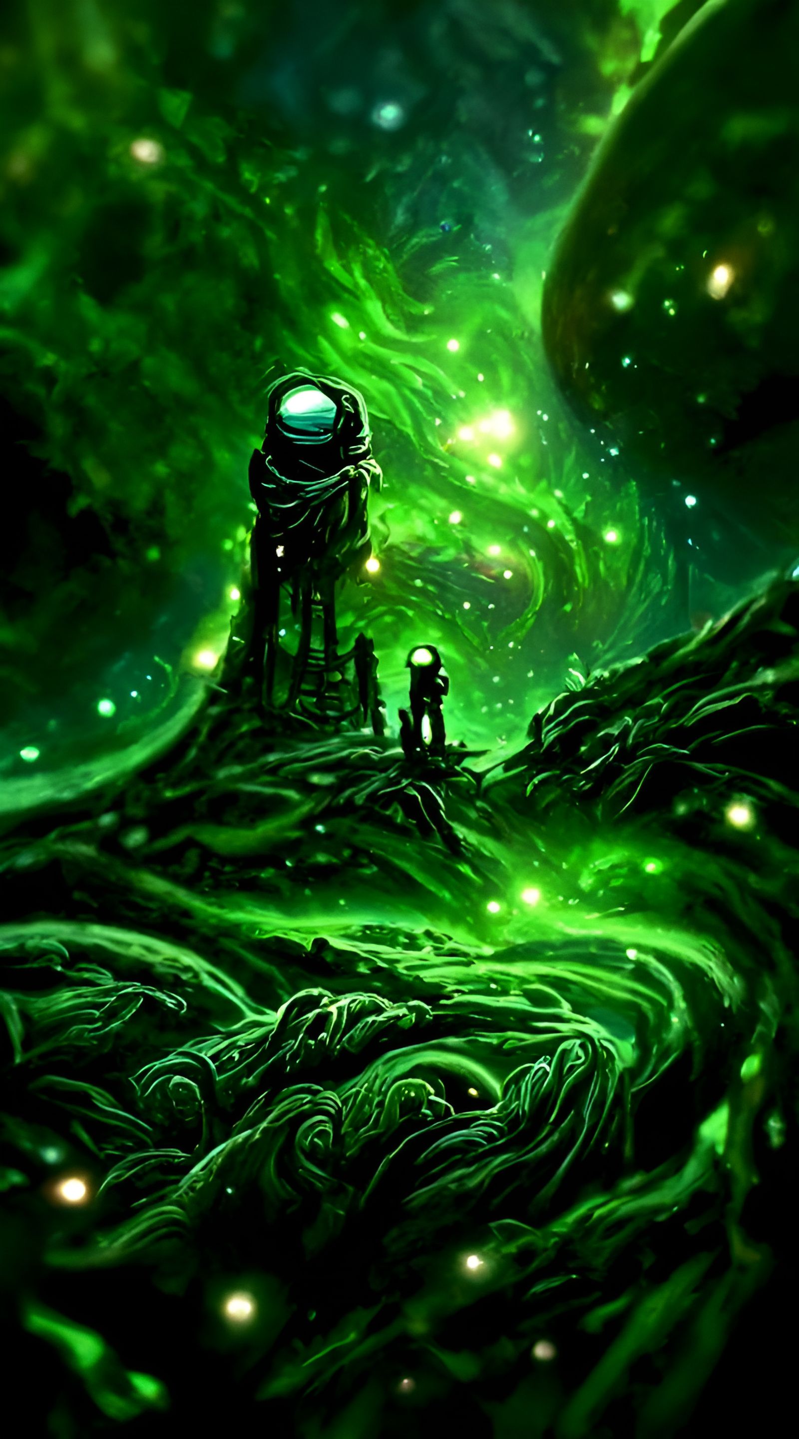 Cosmic Landscape Painting in Green and Black
