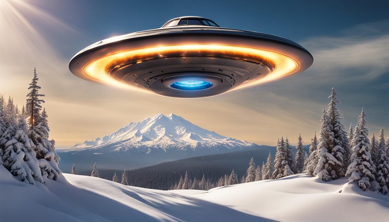 Flying Saucer hovering near snow-covered Mt. Shasta with "Sa...