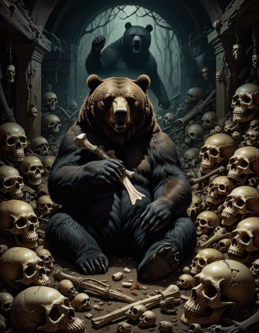 Surreal Bear Slumber in a Haunting Dark Fantasy Lair