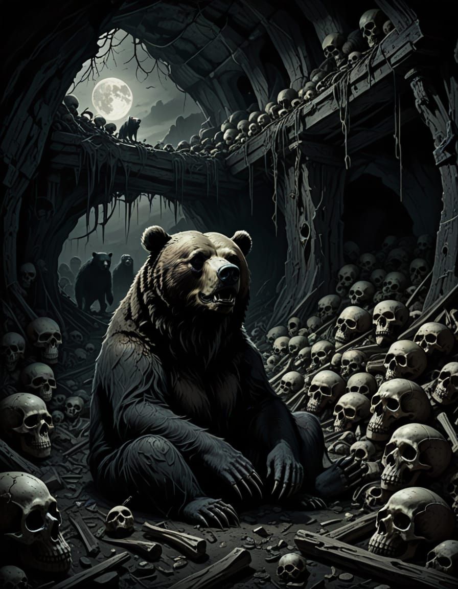 Bear in Dark Fantasy Cave Scene