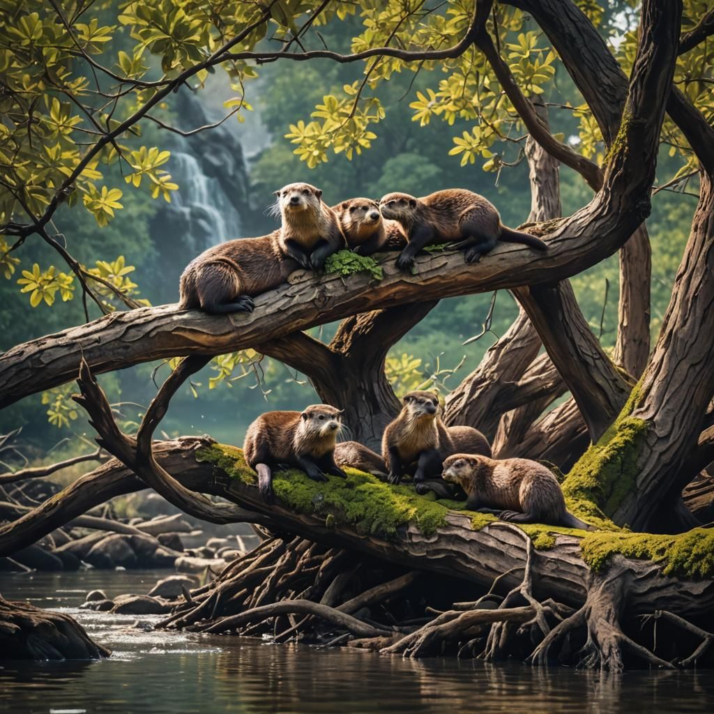 Otters Resting on Riverbank: Cinematic Film Still