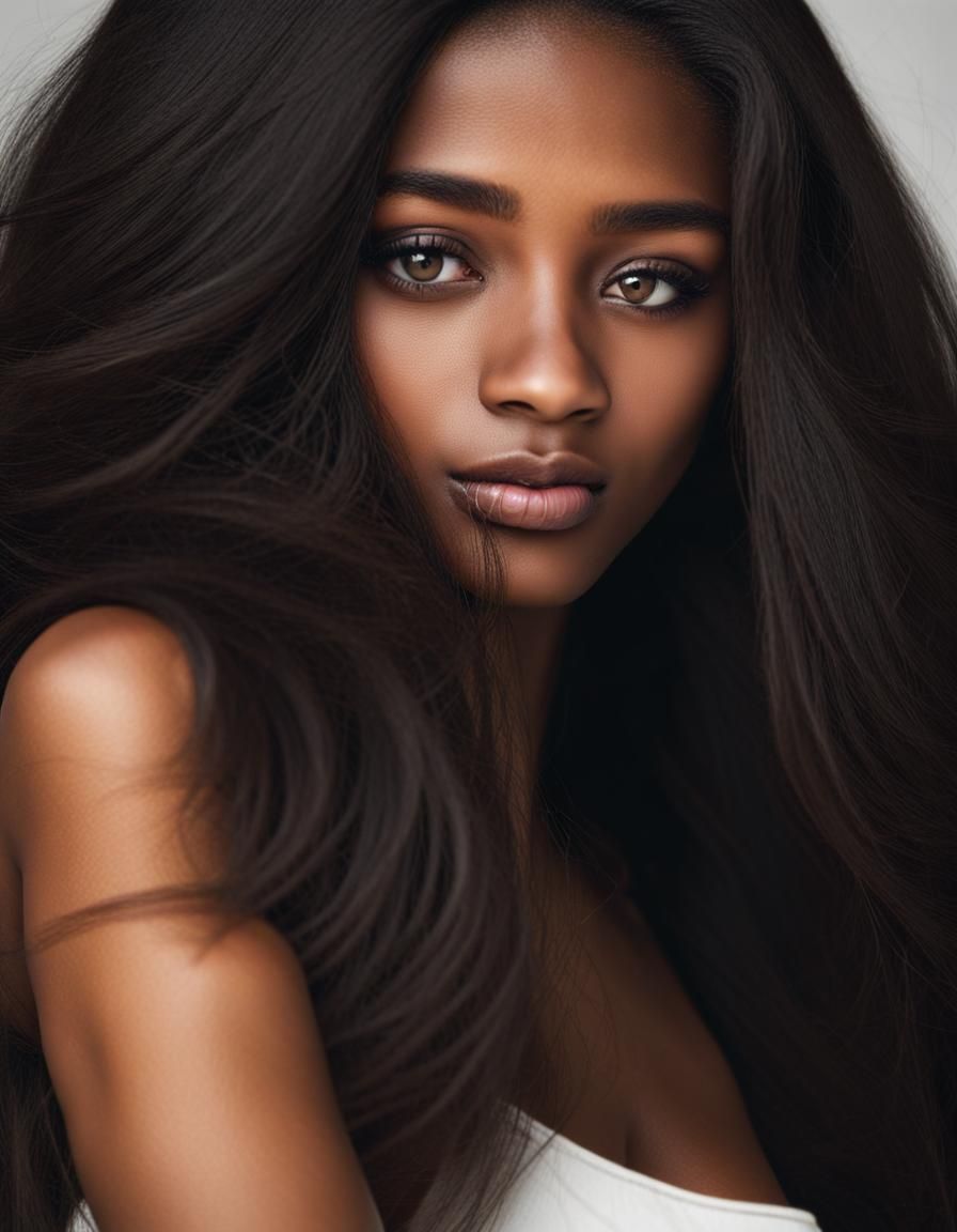 Beautiful Girl Portrait with Long Black Hair in HDR