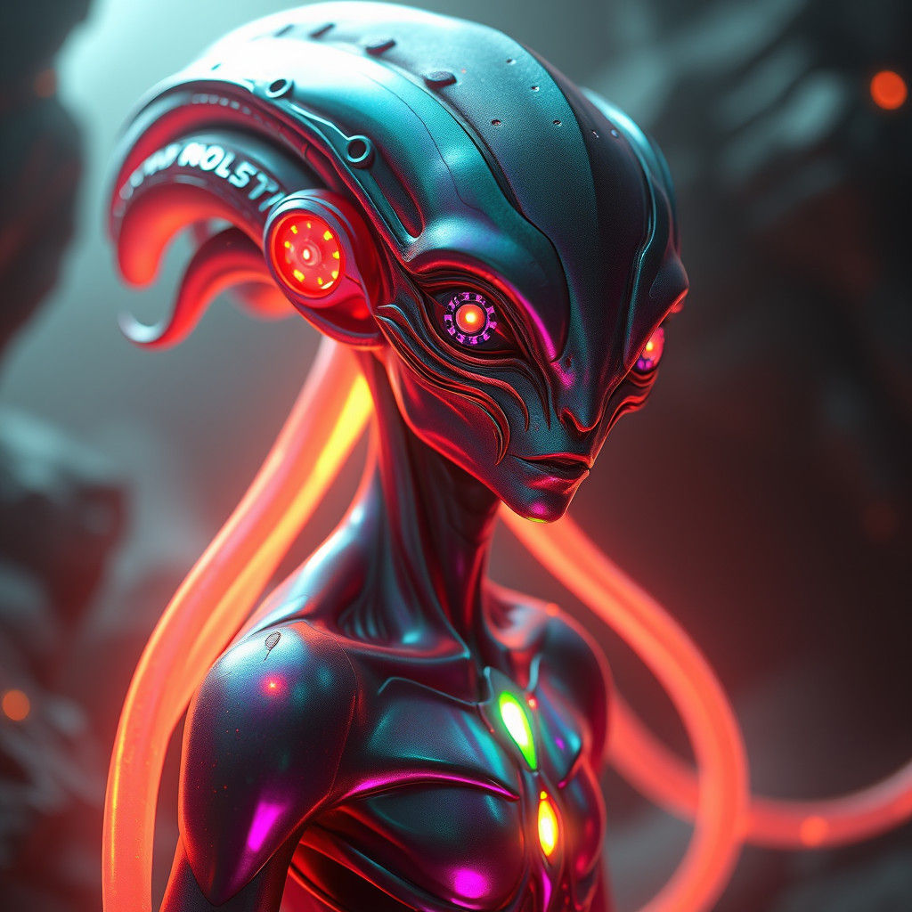 Iridescent Alien in Bioluminescent Dark Fantasy Landscape
