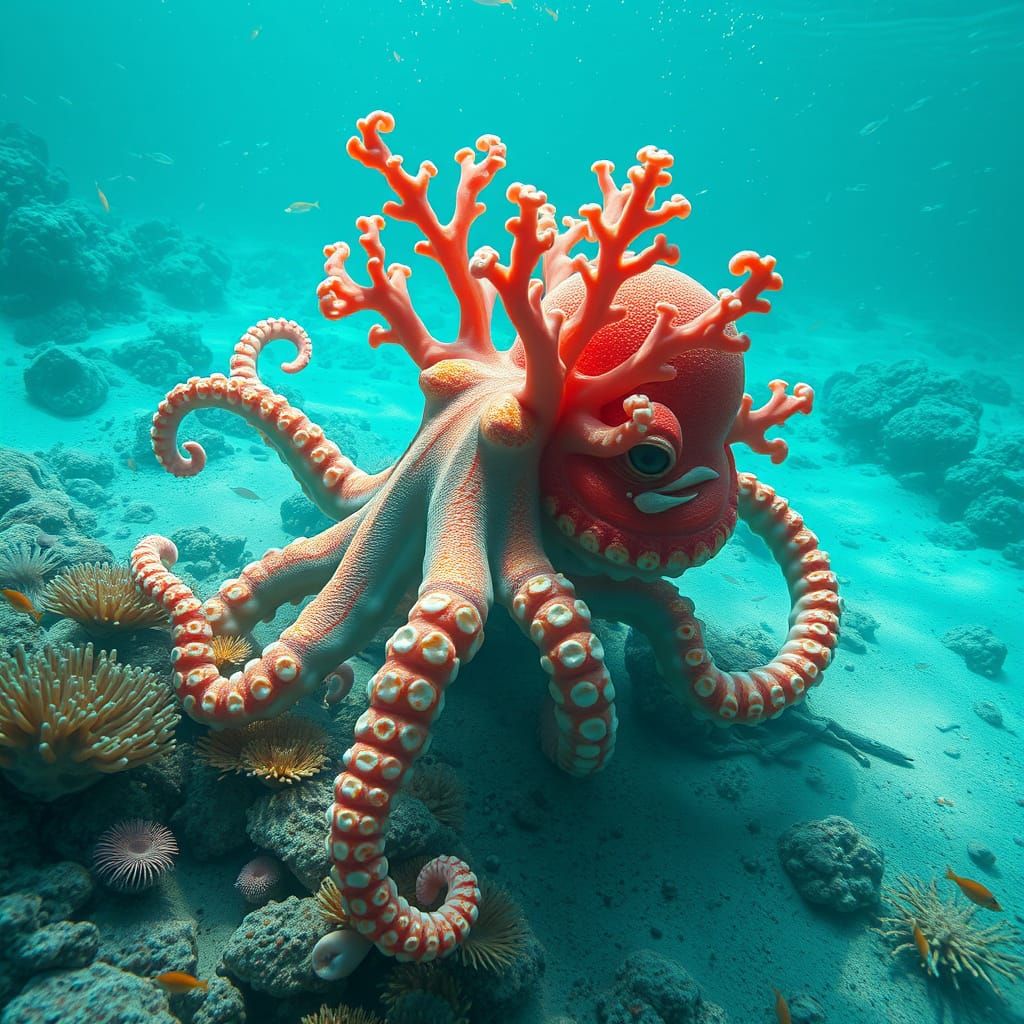Octopus Camouflaged as Coral Reef in Digital Painting