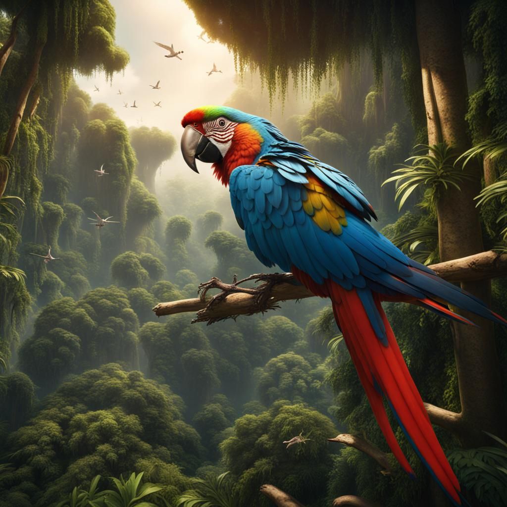Macaws Fly Above Rainforest Canopy