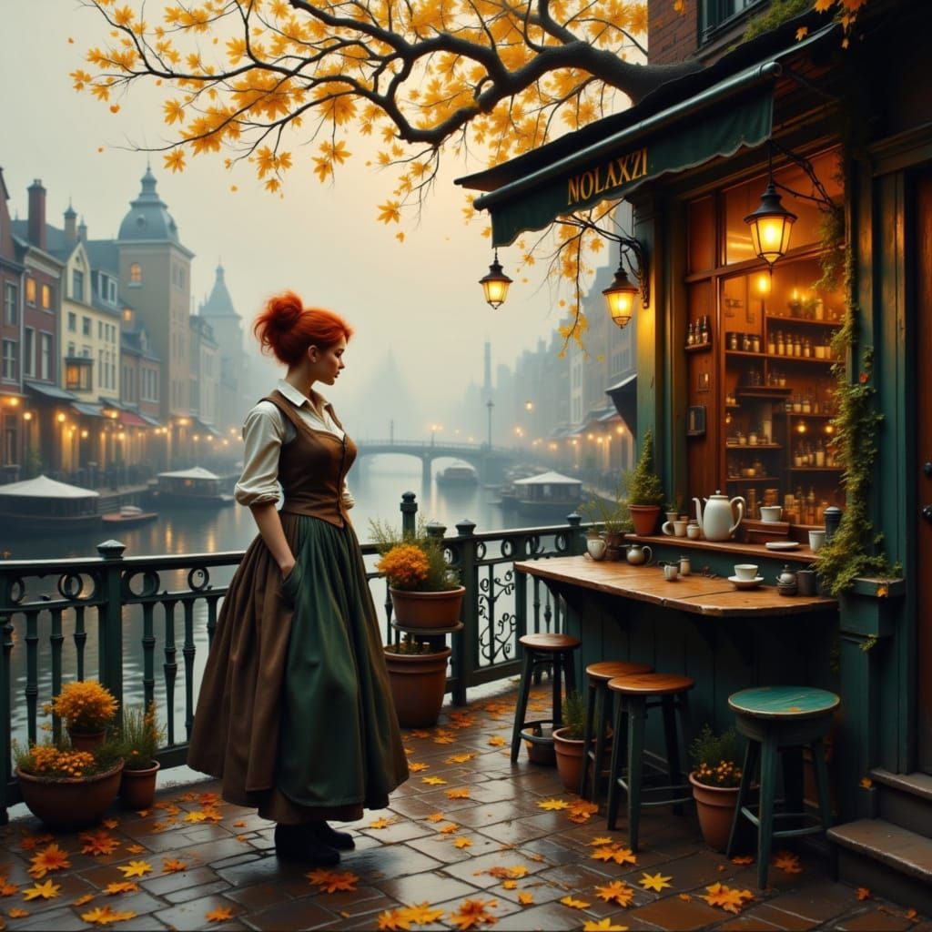 Redhead Waitress Serves Coffee in Misty Victorian Harbor Caf...