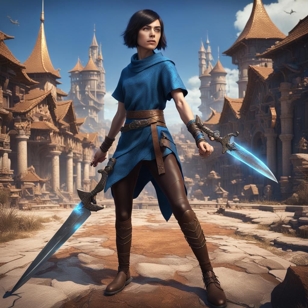 Fantasy Woman Warrior with Daggers, Detailed Matte Painting