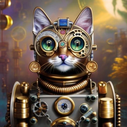 Steampunk Robot Kitten with Gems, Hyperdetailed Art