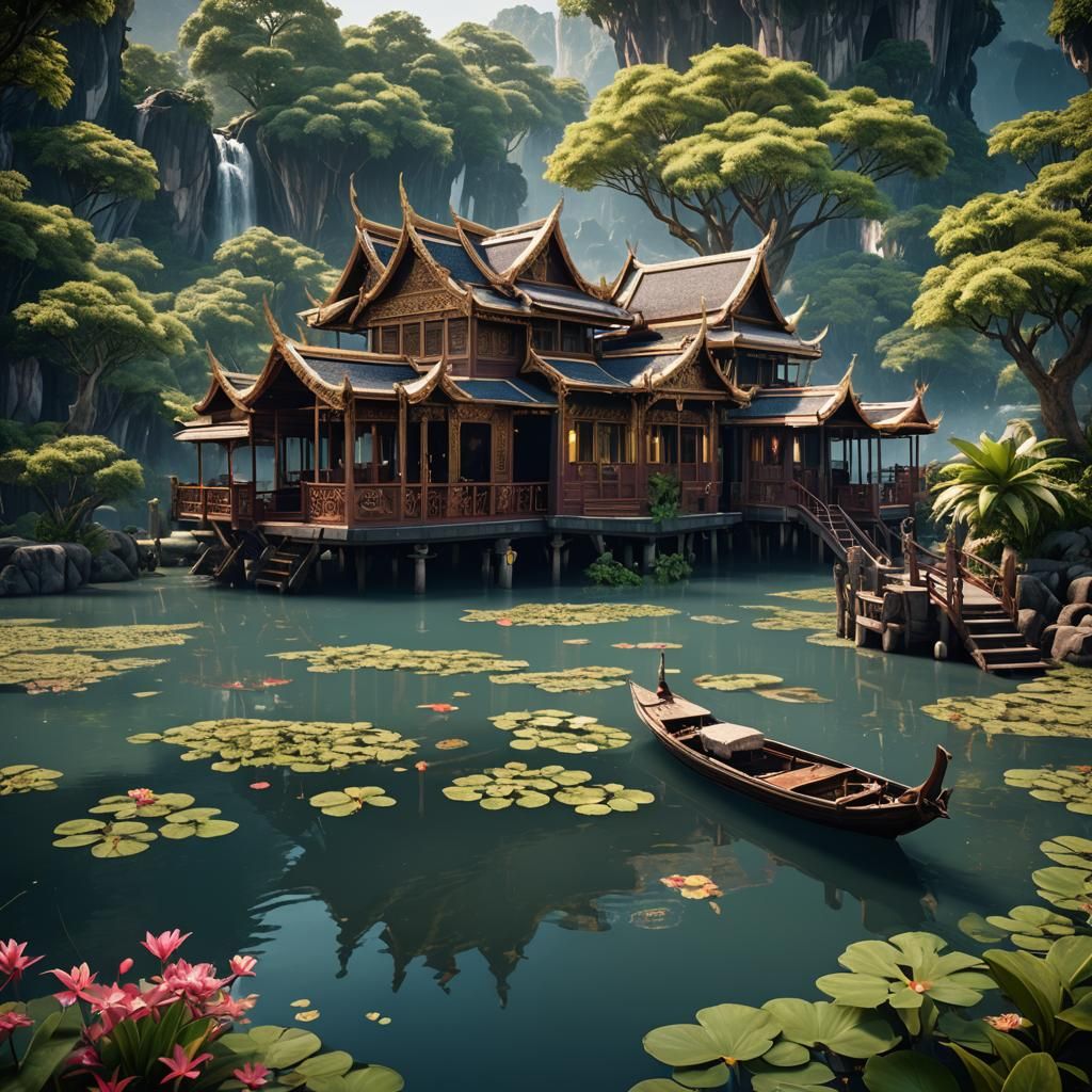 Fantastical Thai Houseboat in Detailed Matte Painting