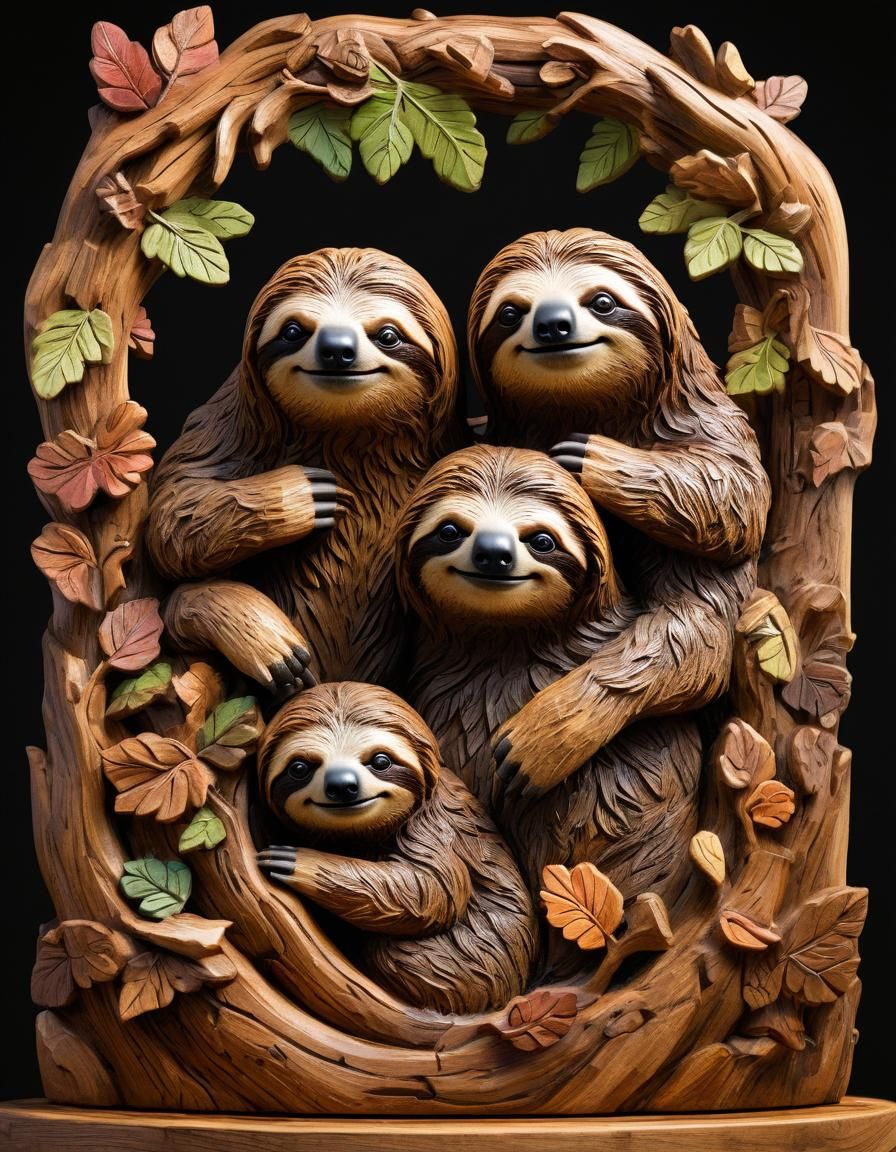 sloth family happy in carving made of real oak wood, in stat...