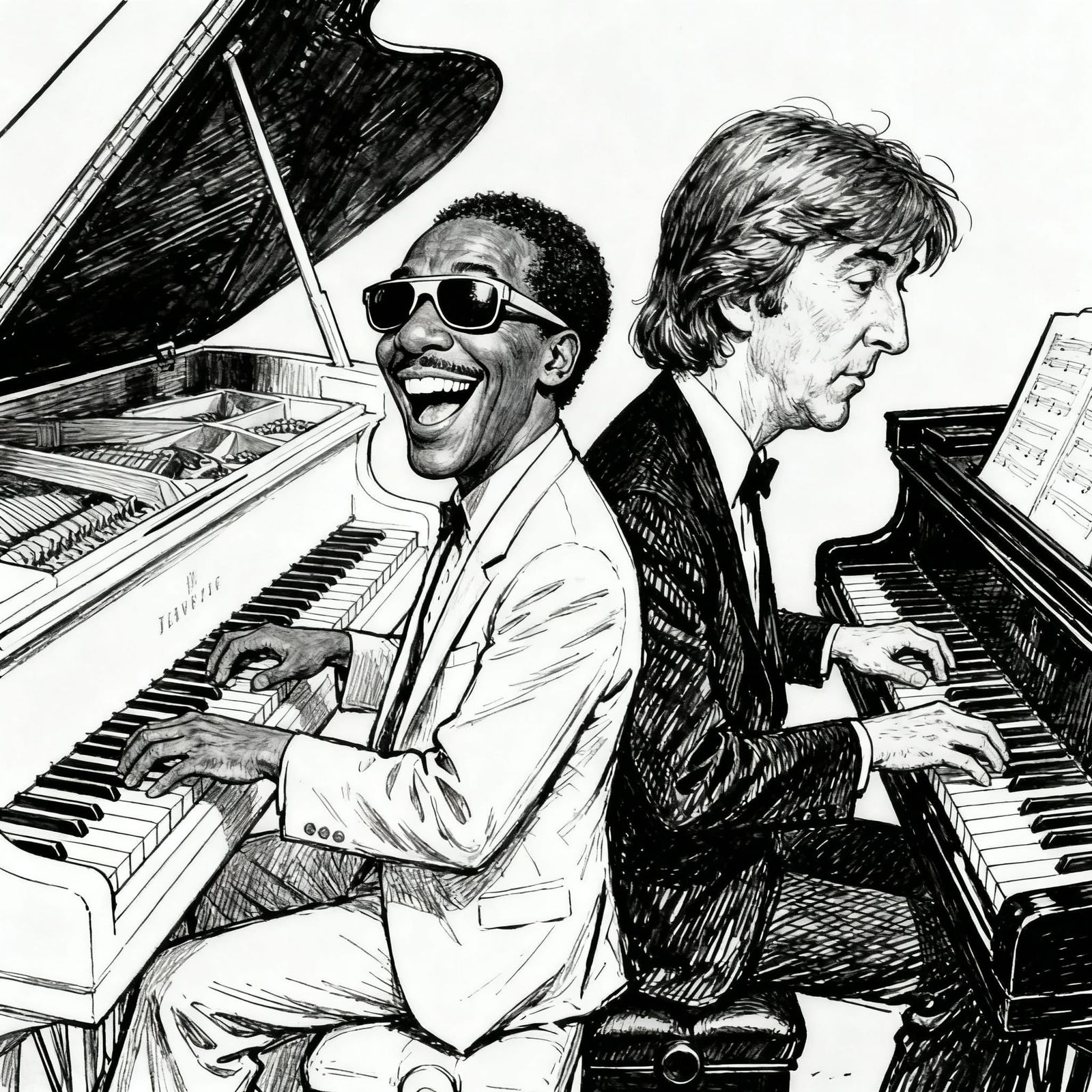 Caricature Art of McCartney and Wonder at Pianos