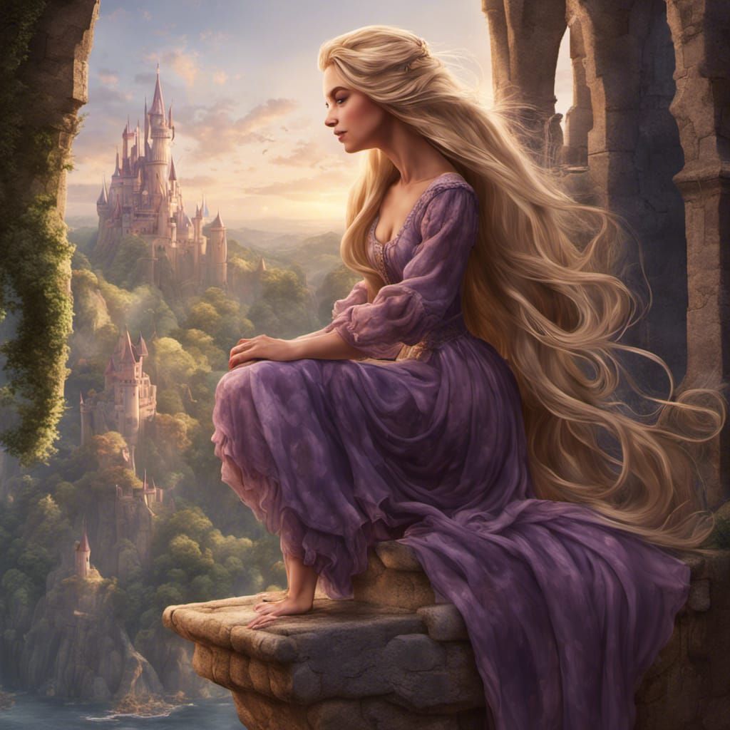 Rapunzel in Castle with Flowing Hair