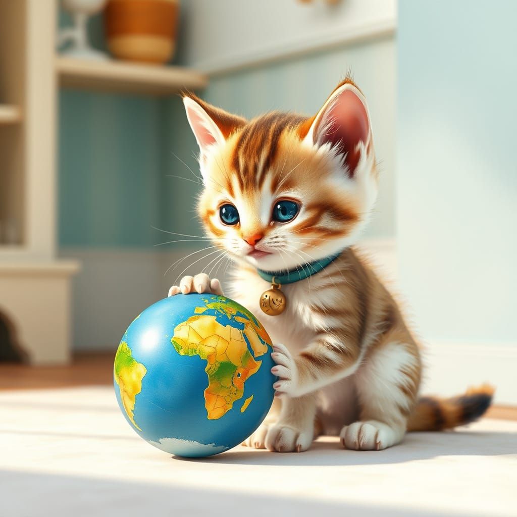 Kitten Plays with Earth Toy, Watercolor Illustration