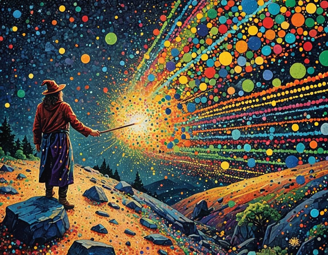 Wizard Conjures Rainbow Comet in Pointillism Style