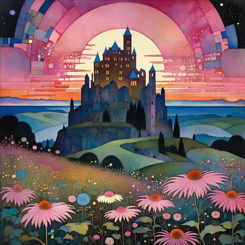 Surreal Pink Bloom in a Golden Cosmic Landscape