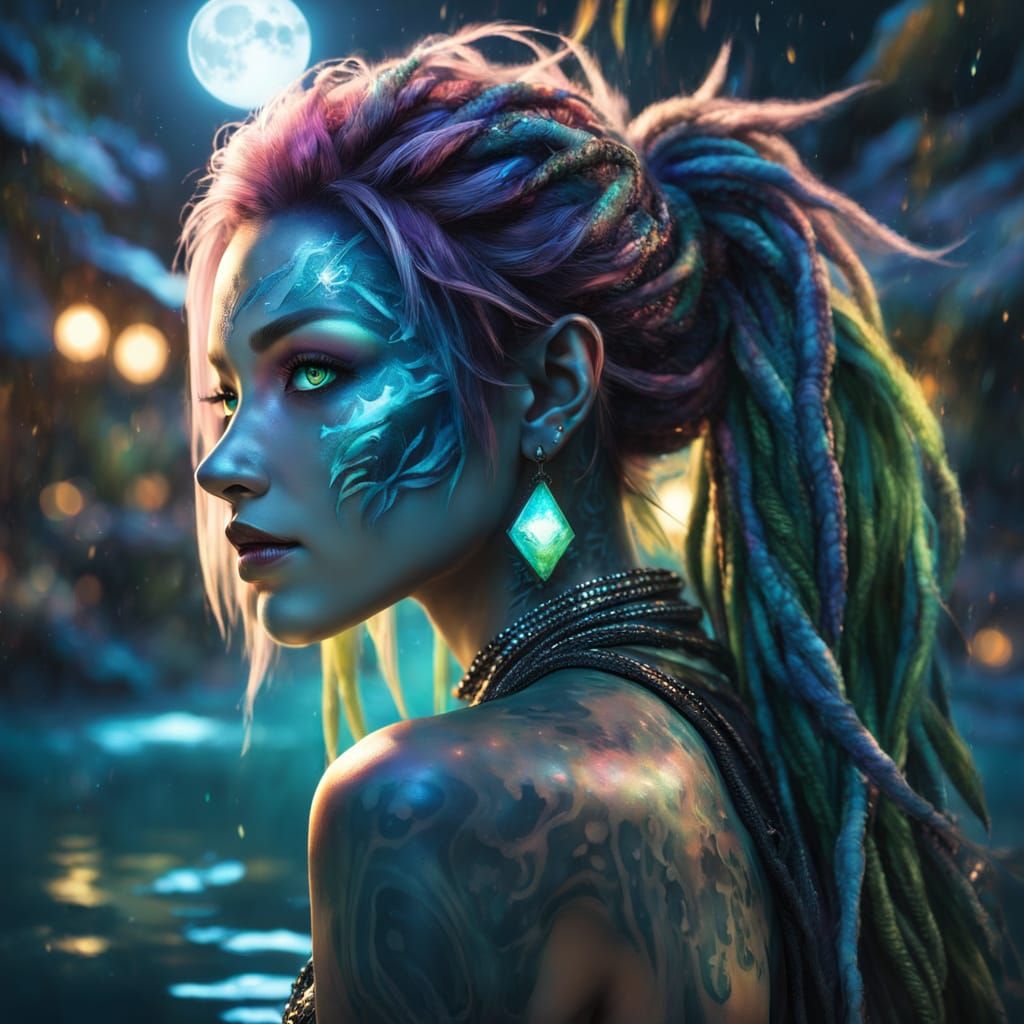 Vibrant Shark Anthro Goddess Basks in Moonlit Spring