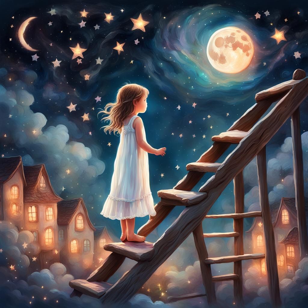 Girl Scattering Stars to the Moon: Surreal Illustration