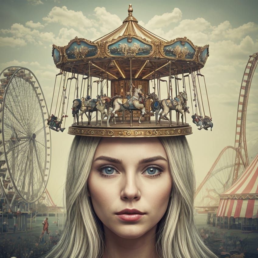 Whimsical Carnival Headpiece with Intricate Carousel and Swi...