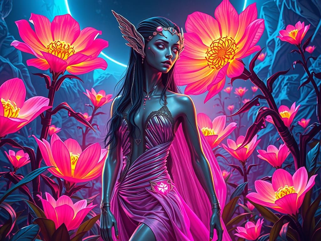 Cybernetic Goddess in Bioluminescent Alien Garden