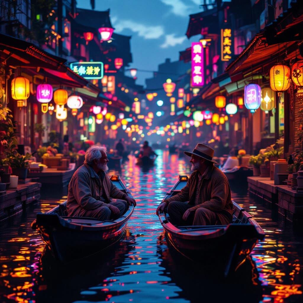 Joyful Reunion at a Futuristic Floating Market