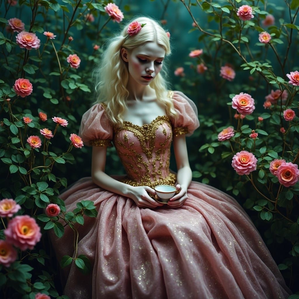 Blonde Alice in Victorian Gown in Bioluminescent Garden