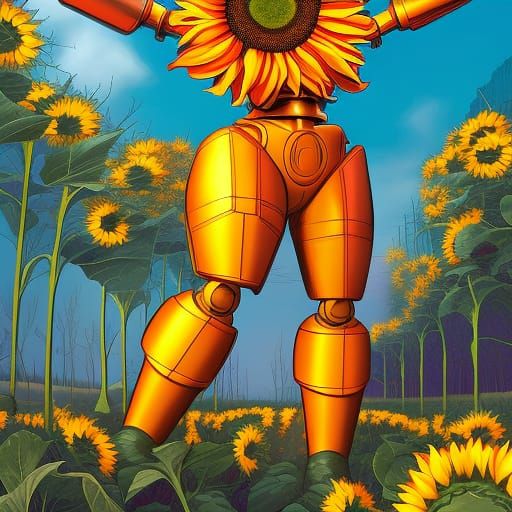 Sunflower Robot in Comic Book Art Style