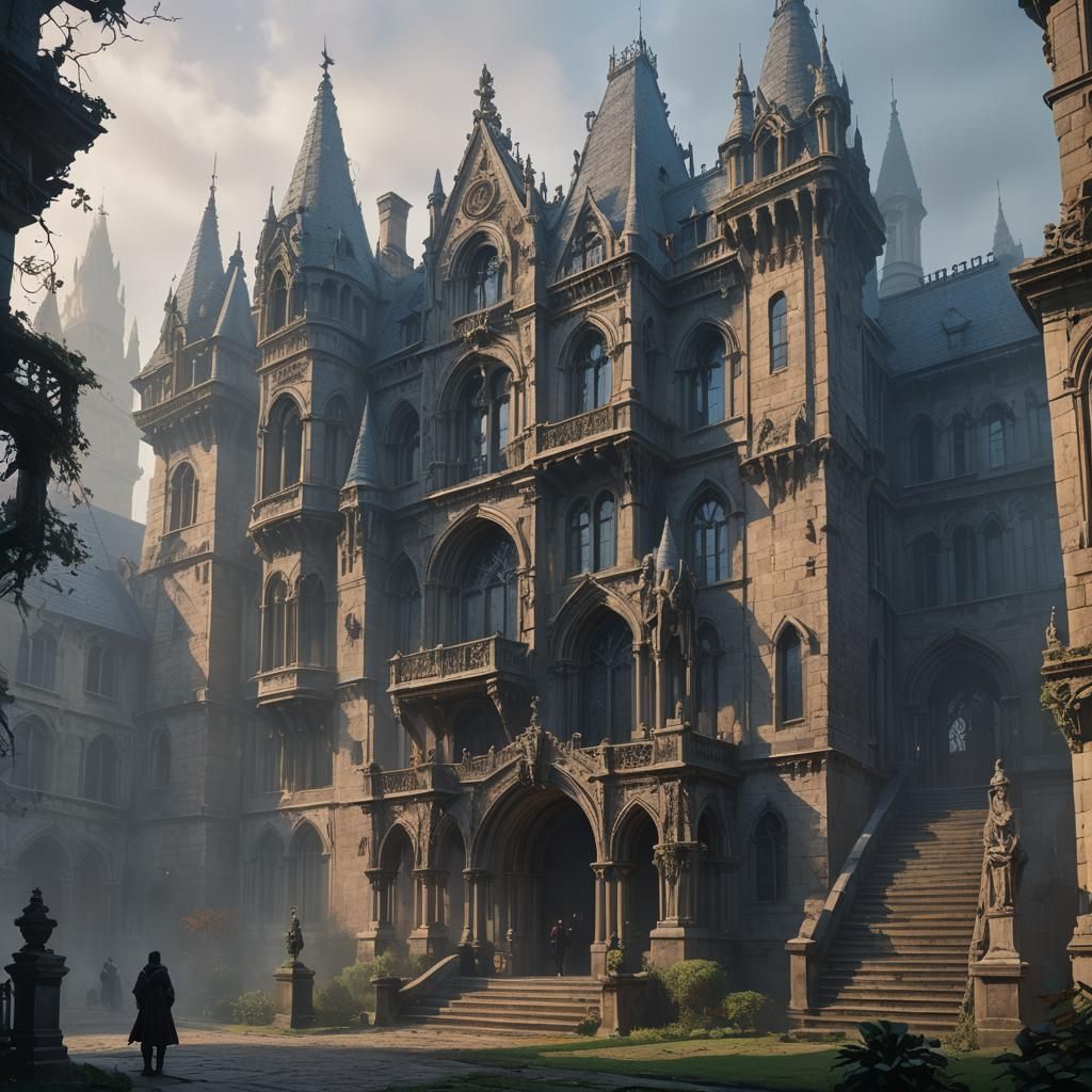 Gothic Mansion in Eerie Mist: Hyperrealistic Concept Art