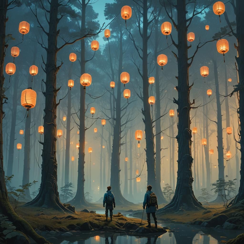 Mystical Forest Guardian with Lanterns, Fantasy Concept Art