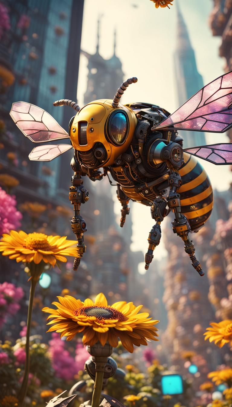 Mechanical Bee in Solar Punk Flower City
