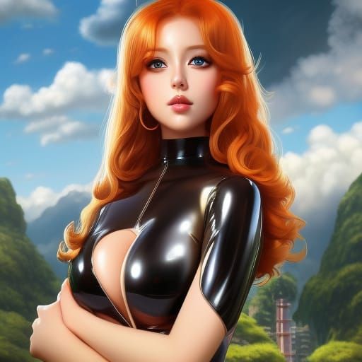 Attractive Girl in Latex Outfit, Digital Illustration