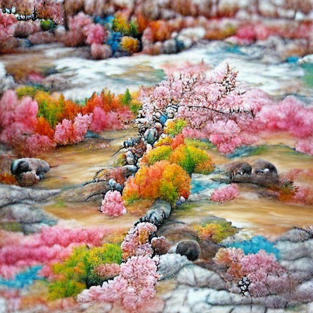Autumnal Bushes in Cherry Blossom Forest: Pastel Painting