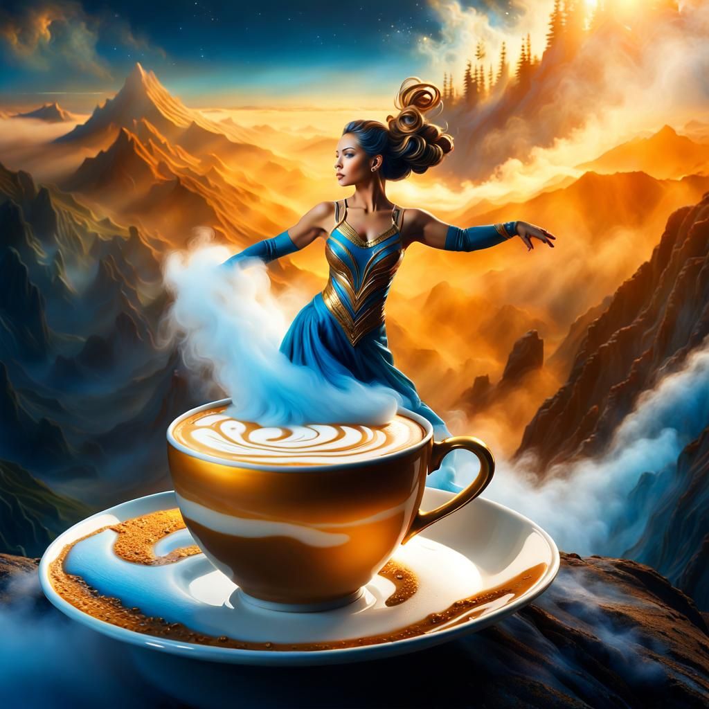 Latte Mountain with Dancer in Foam, Digital Matte Painting
