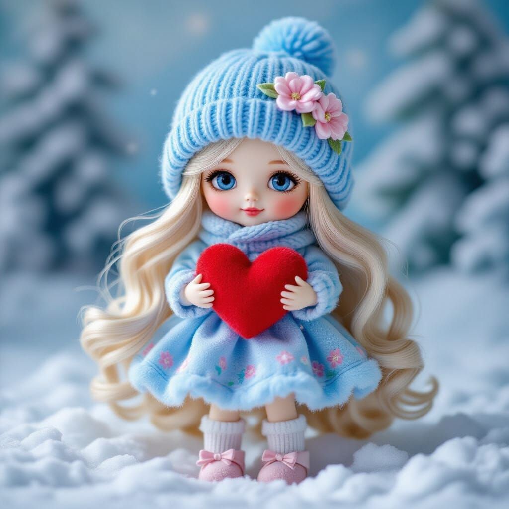 Delicate Blonde Doll in Winter Wonderland