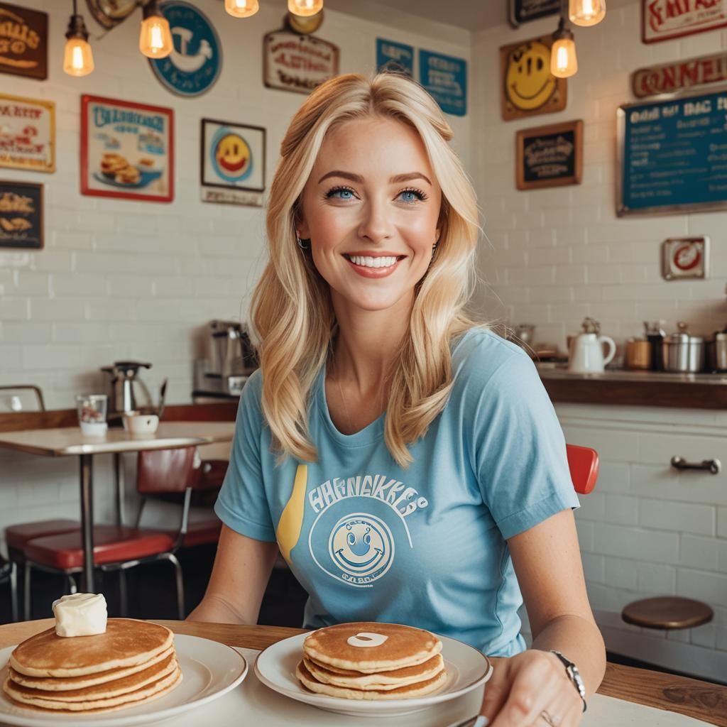 Blonde Woman Eating Pancakes in Retro Diner