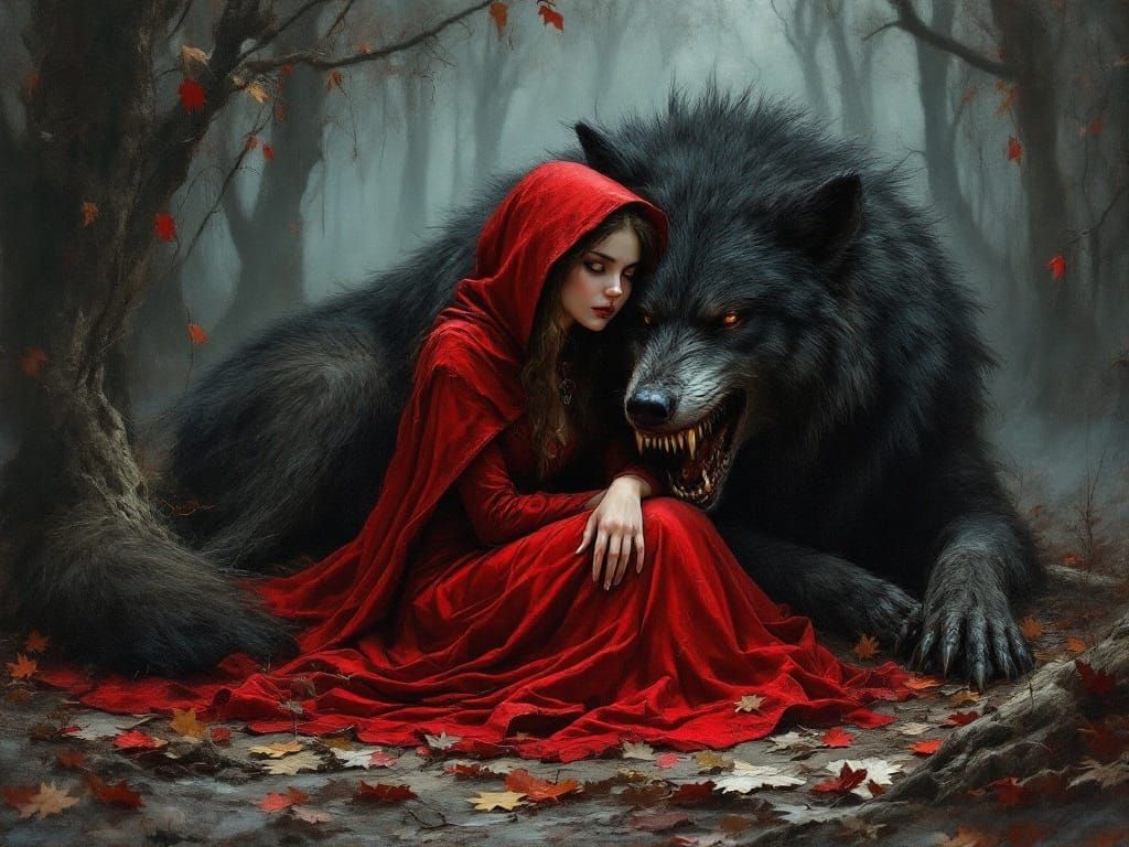 Gothic Oil Painting of Little Red Riding Hood with Dark Wolf
