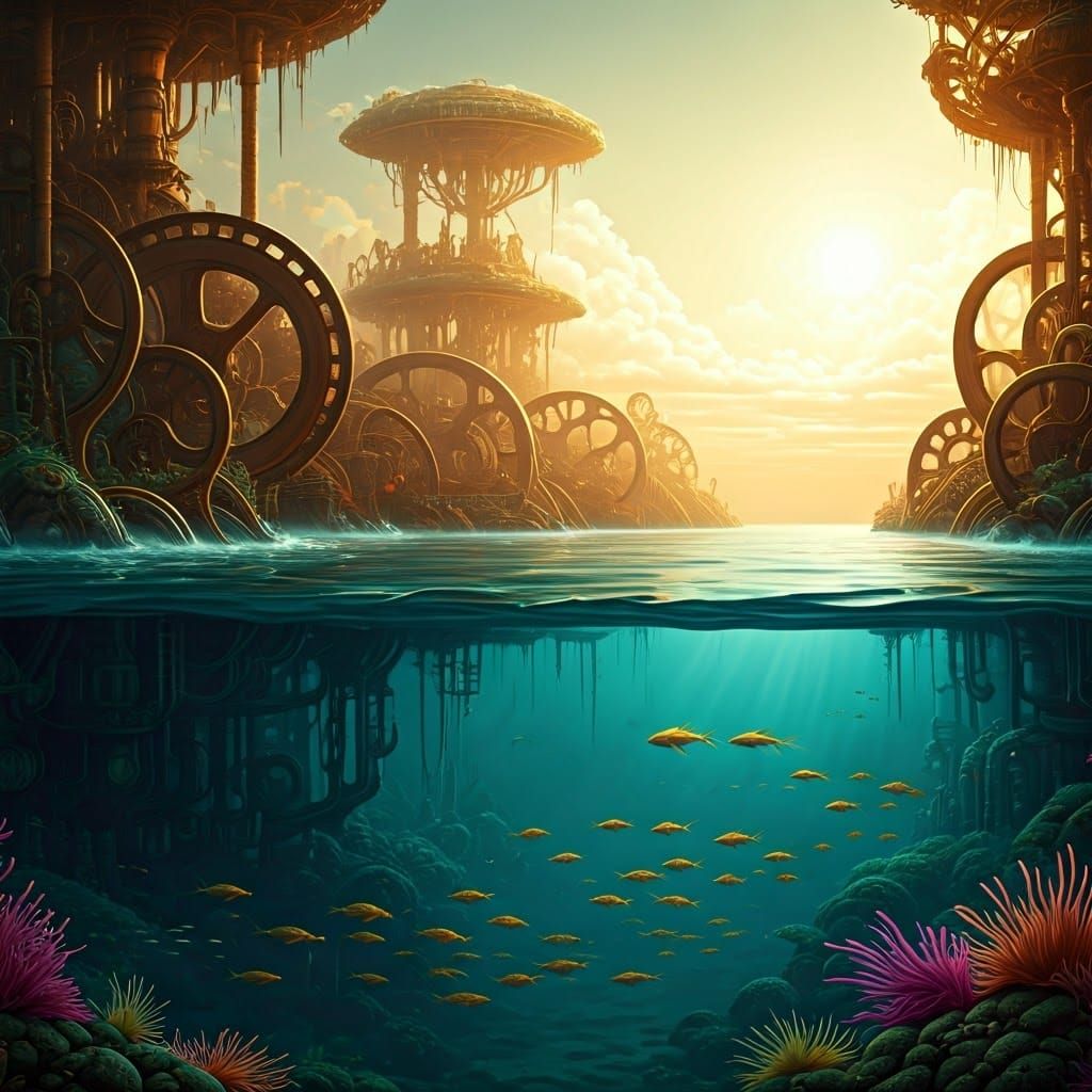 Dreamlike Steampunk Lake Scene in Warm Golden Light