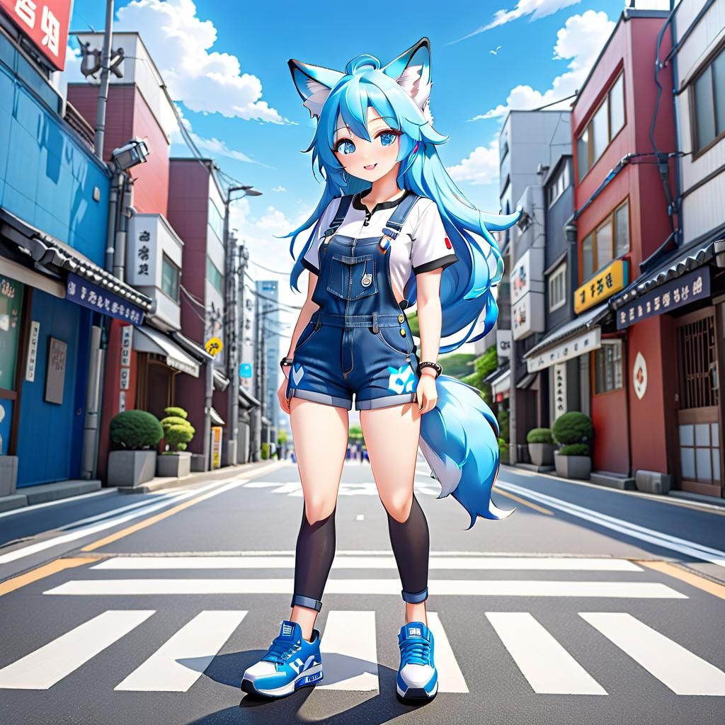 Anime Fox-Girl in Seoul Wearing Overalls