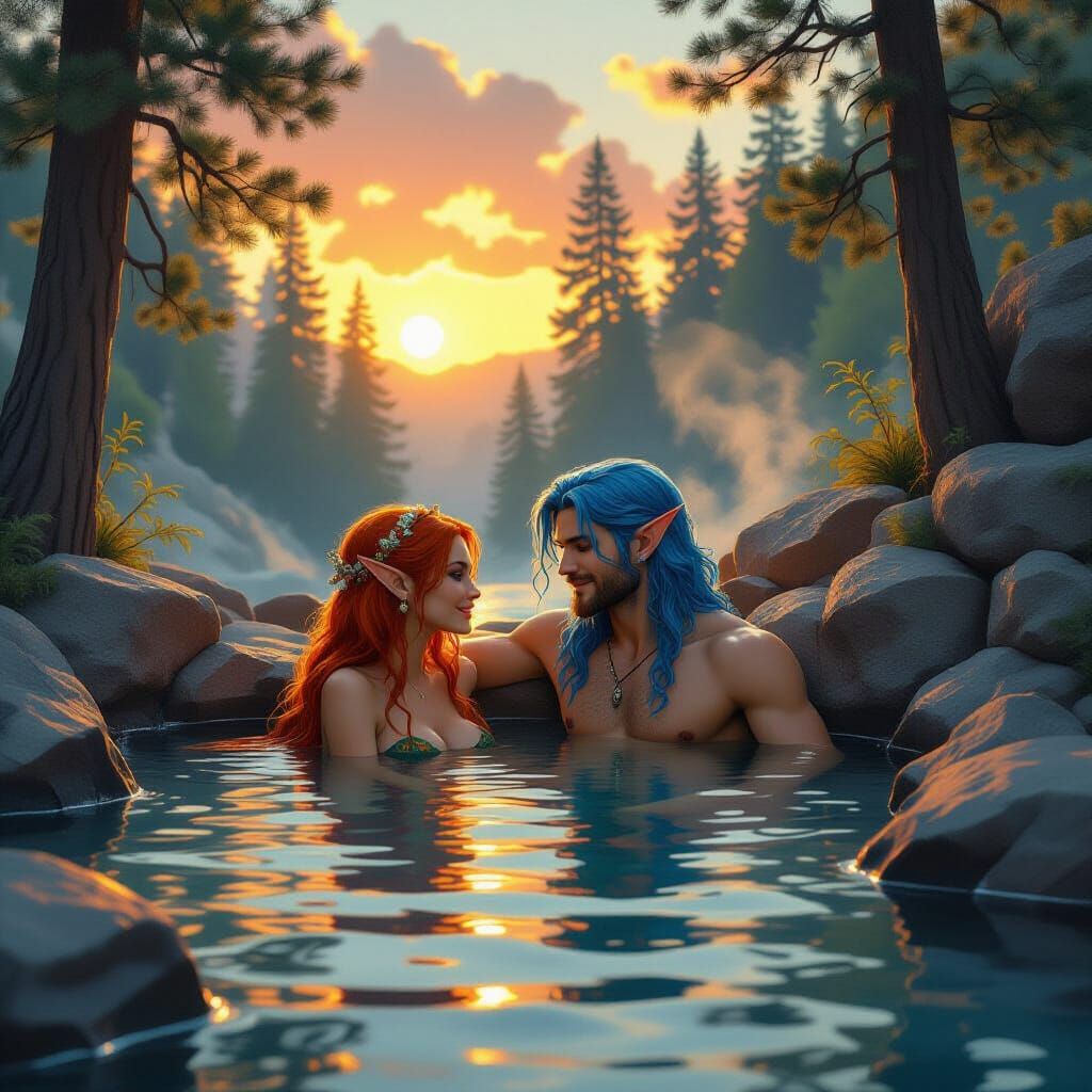 Elves Relaxing in Hot Spring, Digital Illustration