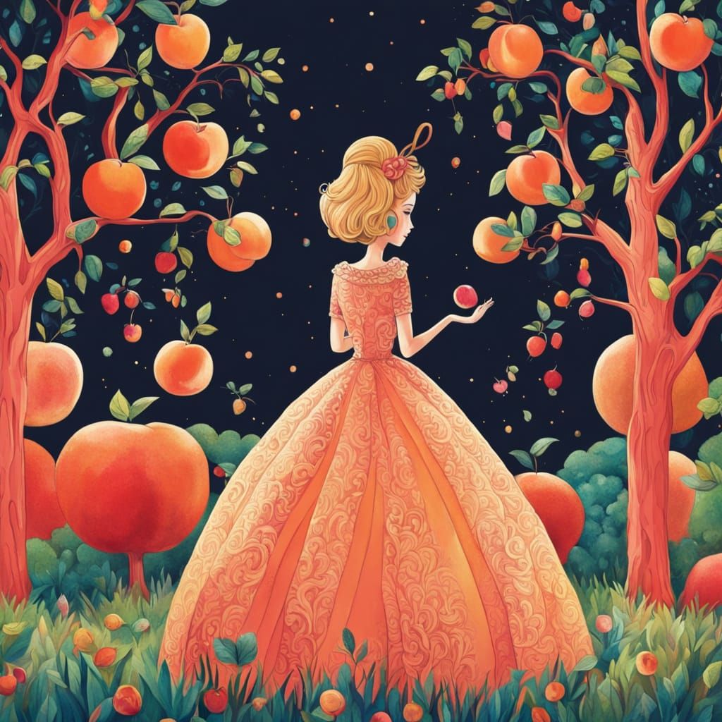Whimsical Peach Character in Surreal Orchard