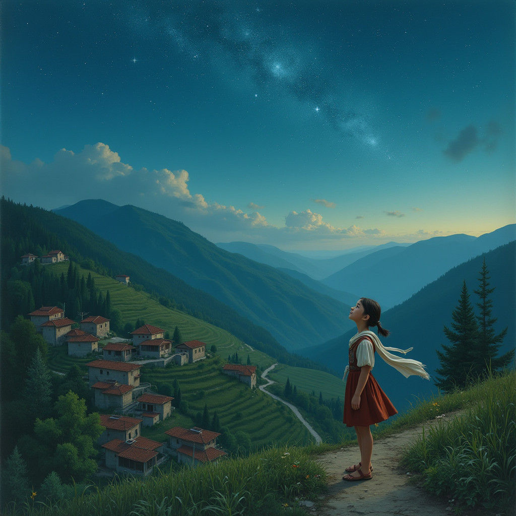 Serene Mountain Village at Dusk, Starry Sky