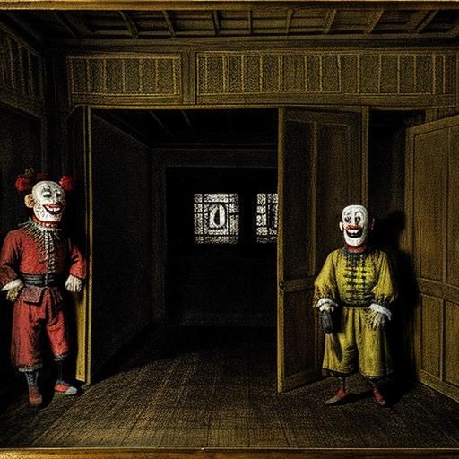 Haunted House with Clowns, in Expressionist Style