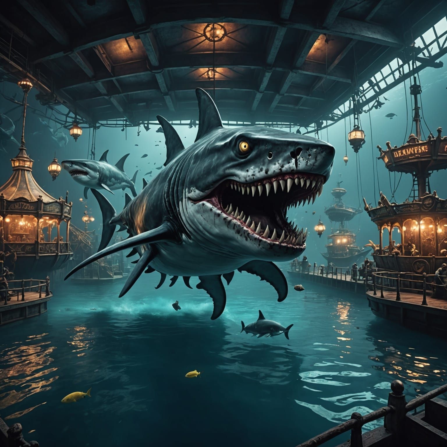 Underwater Horror Theme Park with Sunken Pirate Ships