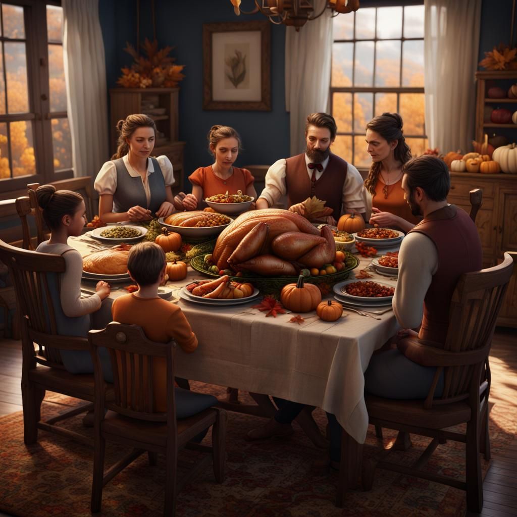 Thanksgiving Family Feast in Detailed Matte Painting Style