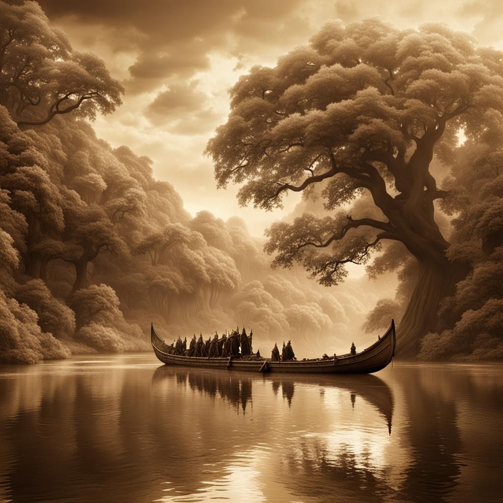 Medieval Barge Crossing River in Sepia Tone